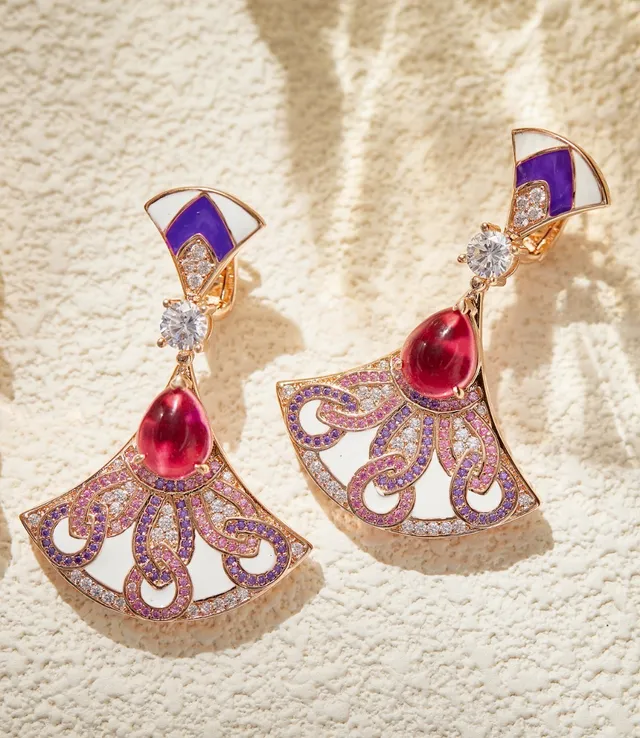 Fan-Shaped Enamel and Ruby Drop Earrings 4