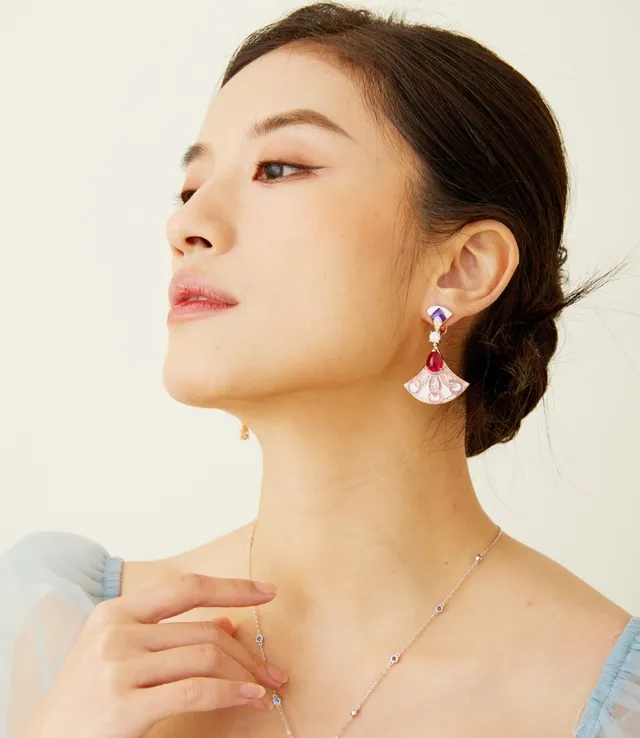 Fan-Shaped Enamel and Ruby Drop Earrings 5