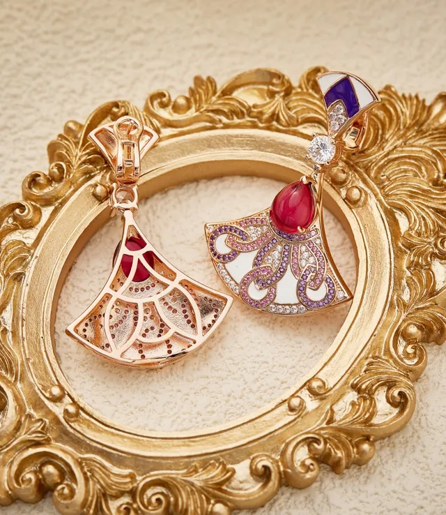 Fan-Shaped Enamel and Ruby Drop Earrings 6