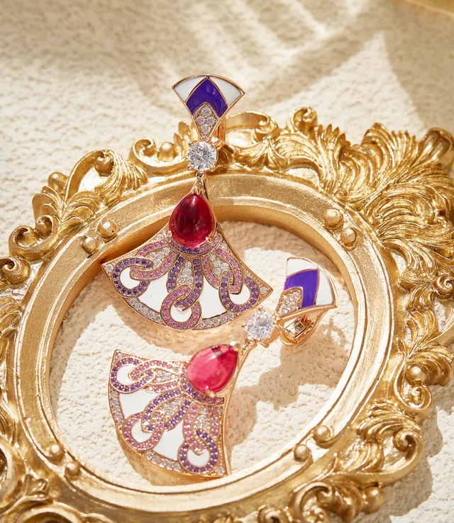 Fan-Shaped Enamel and Ruby Drop Earrings 7