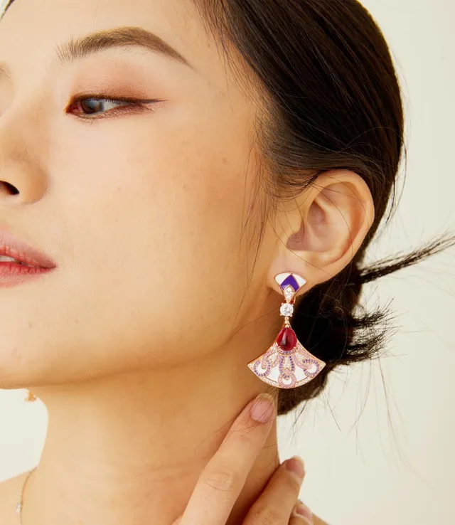 Fan-Shaped Enamel and Ruby Drop Earrings 8