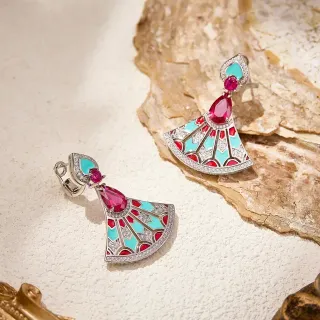 Fan-Shaped Enamel and Ruby Drop Earrings