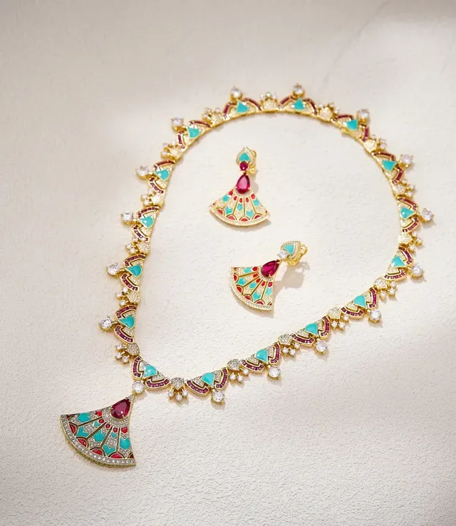 Fan-Shaped Enamel and Ruby Drop Earrings 2