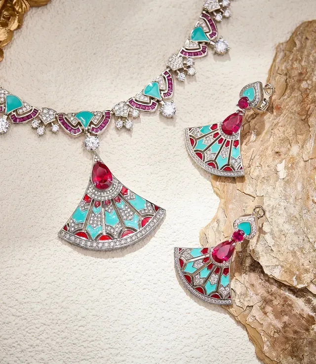 Fan-Shaped Enamel and Ruby Drop Earrings 3