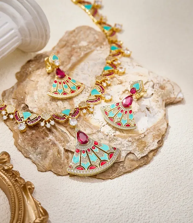 Fan-Shaped Enamel and Ruby Drop Earrings 4