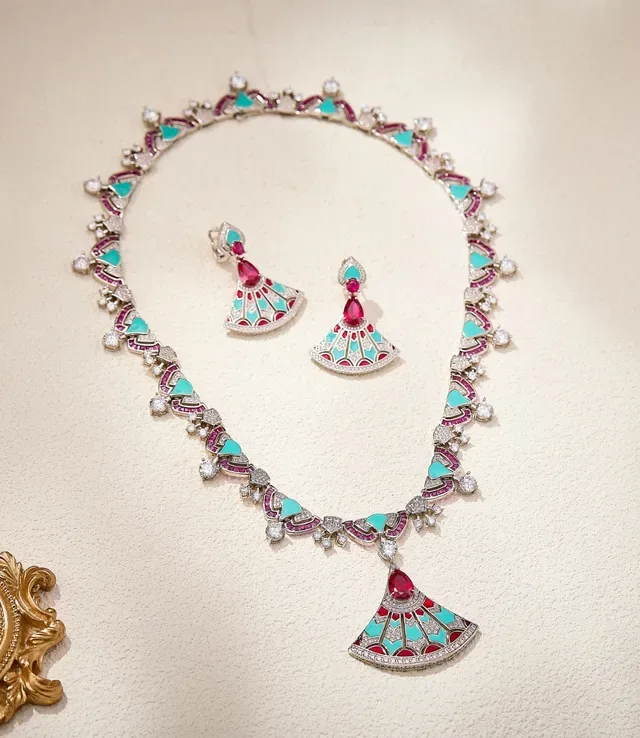Fan-Shaped Enamel and Ruby Drop Earrings 5