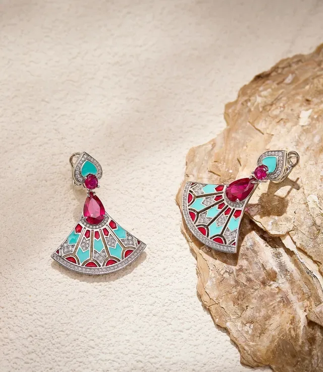 Fan-Shaped Enamel and Ruby Drop Earrings 6