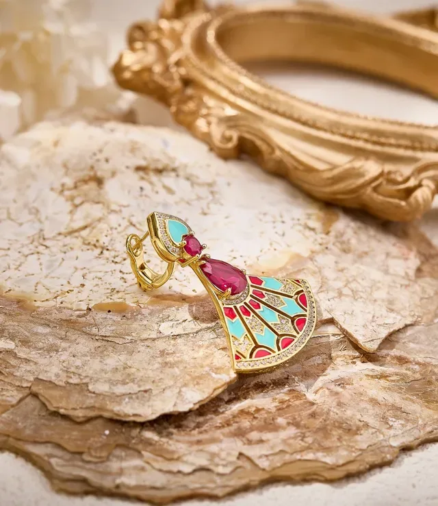 Fan-Shaped Enamel and Ruby Drop Earrings 7
