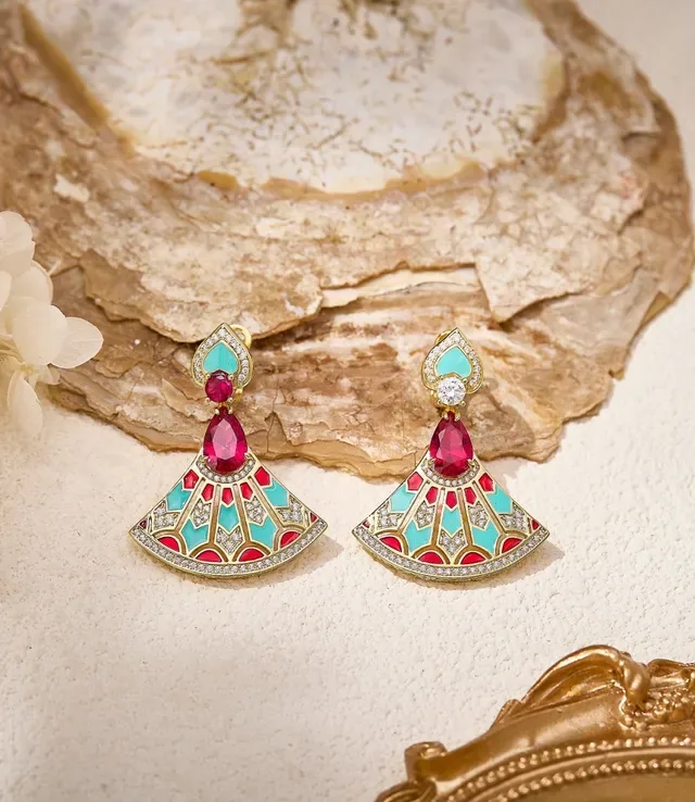 Fan-Shaped Enamel and Ruby Drop Earrings 8
