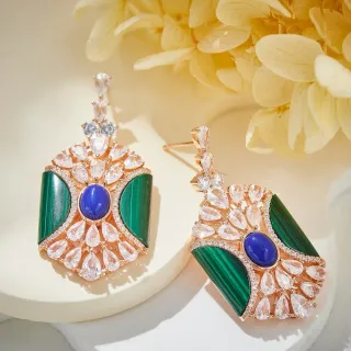 Fan-Shaped Malachite and Blue Cabochon Pavé Earrings