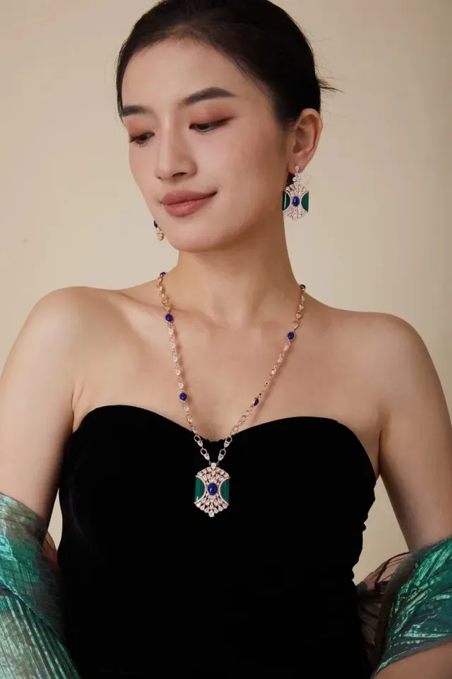 Fan-Shaped Malachite and Blue Cabochon Pavé Earrings 2