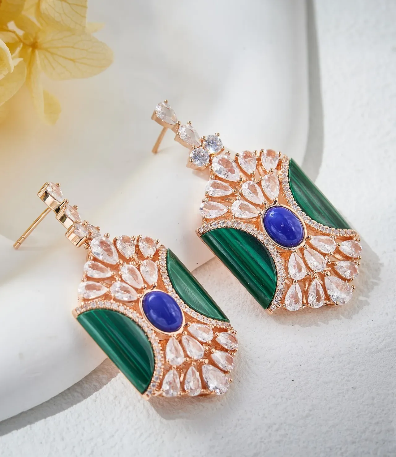 Fan-Shaped Malachite and Blue Cabochon Pavé Earrings 3