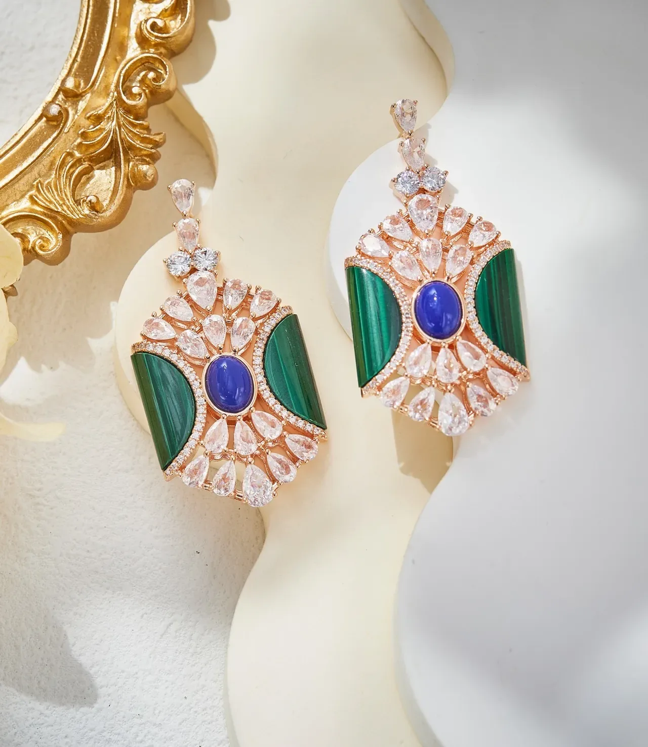 Fan-Shaped Malachite and Blue Cabochon Pavé Earrings 4
