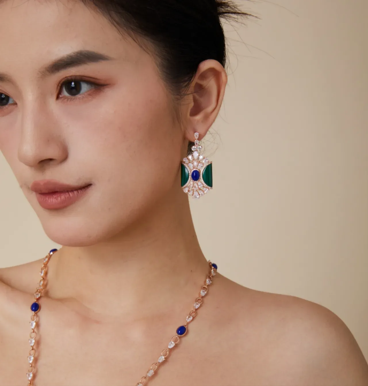 Fan-Shaped Malachite and Blue Cabochon Pavé Earrings 5