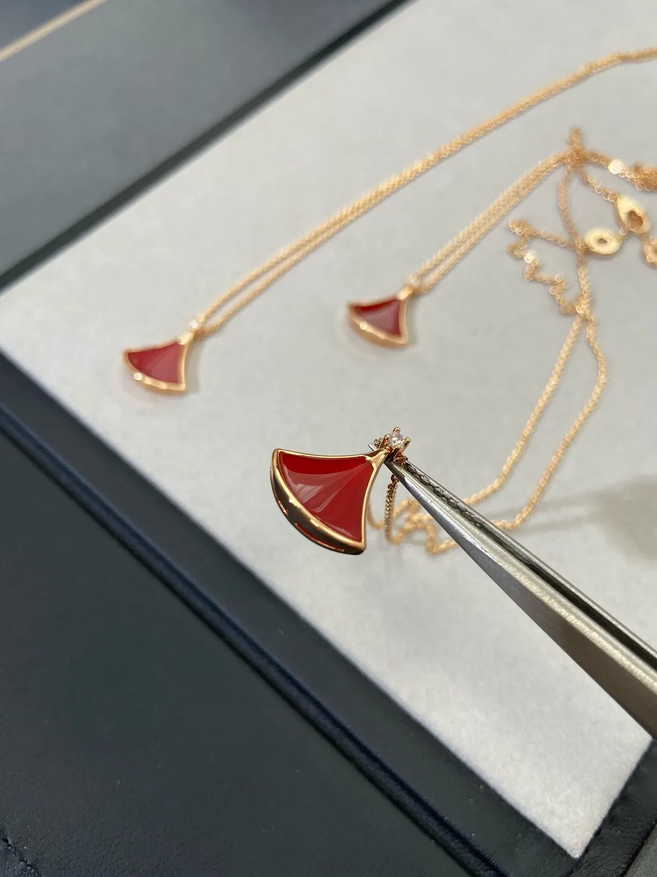 Fan-Shaped Red Enamel Gold-Tone Pendant Necklaces 3
