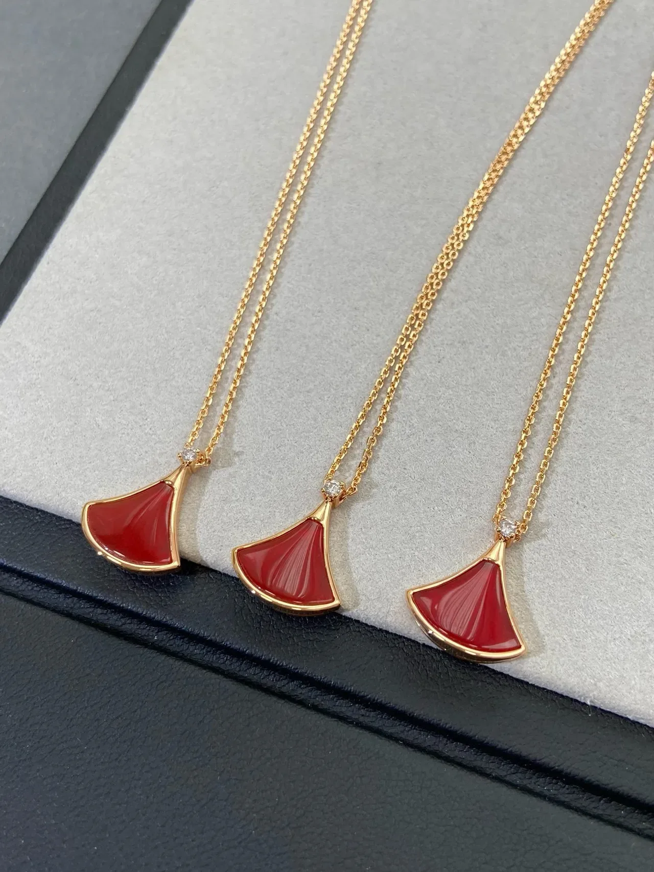 Fan-Shaped Red Enamel Gold-Tone Pendant Necklaces 4