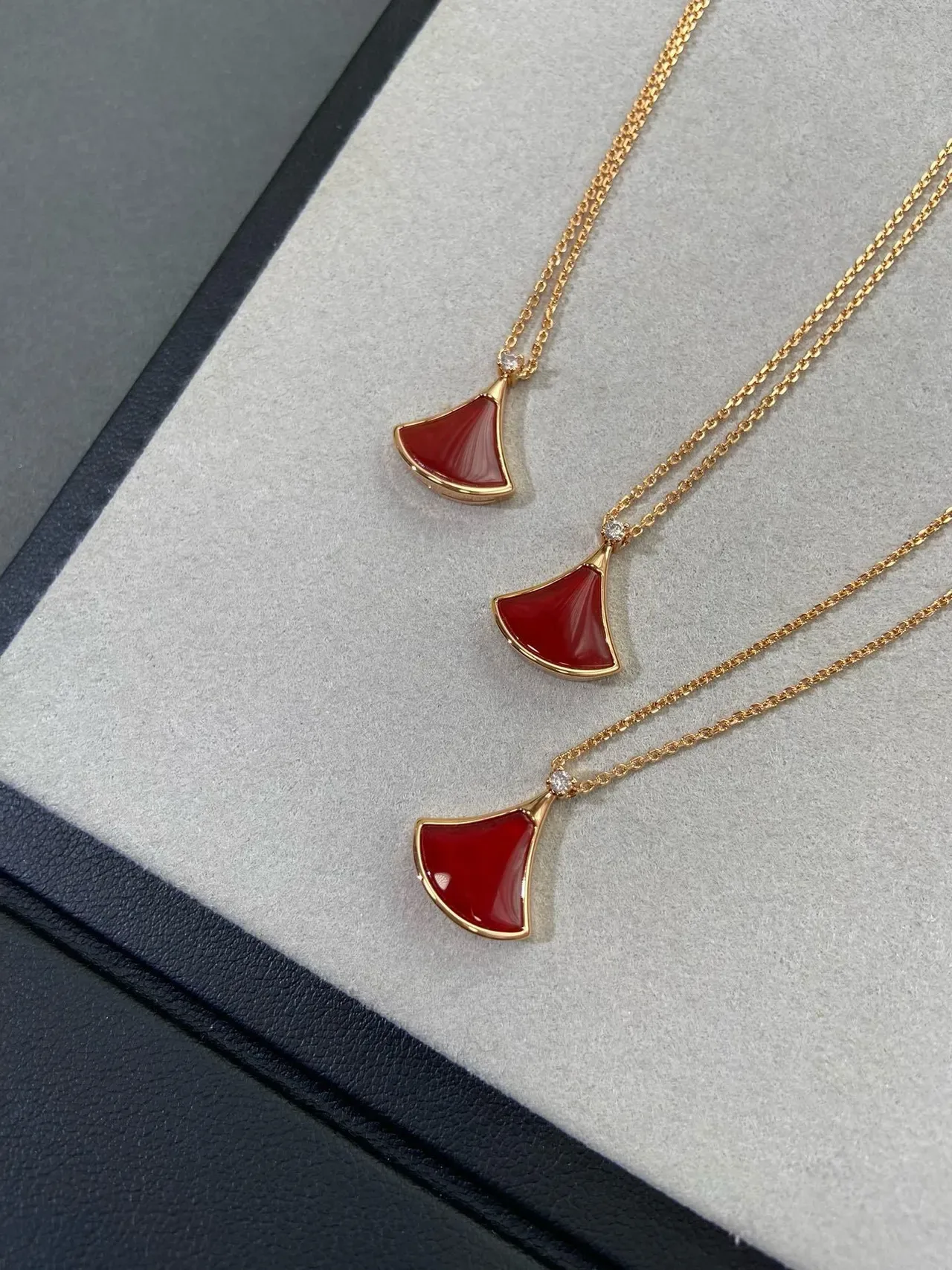 Fan-Shaped Red Enamel Gold-Tone Pendant Necklaces 5