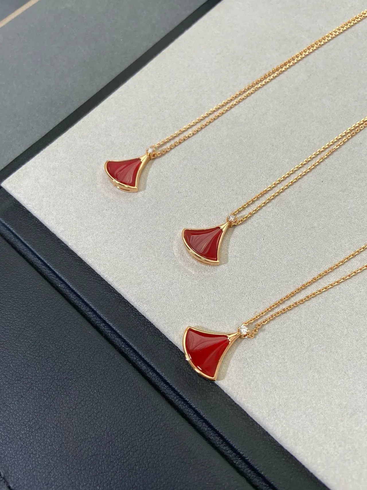 Fan-Shaped Red Enamel Gold-Tone Pendant Necklaces 6