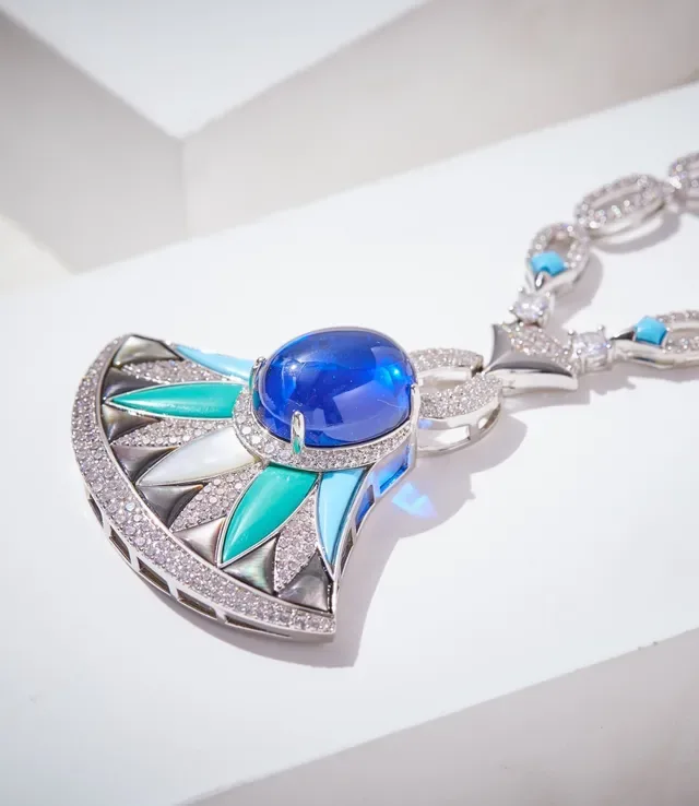 Fan-Shaped Turquoise Enamel and Blue Gemstone Pendant Necklace 3
