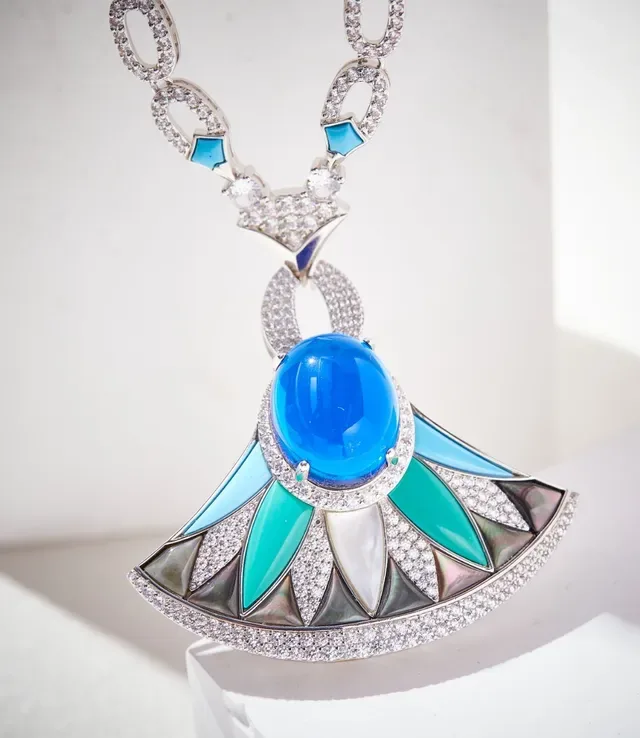 Fan-Shaped Turquoise Enamel and Blue Gemstone Pendant Necklace 4