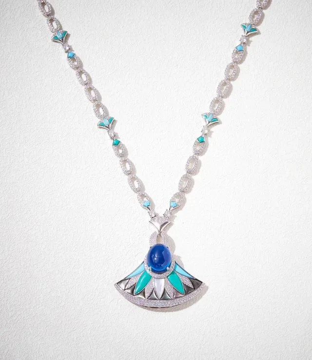Fan-Shaped Turquoise Enamel and Blue Gemstone Pendant Necklace 7