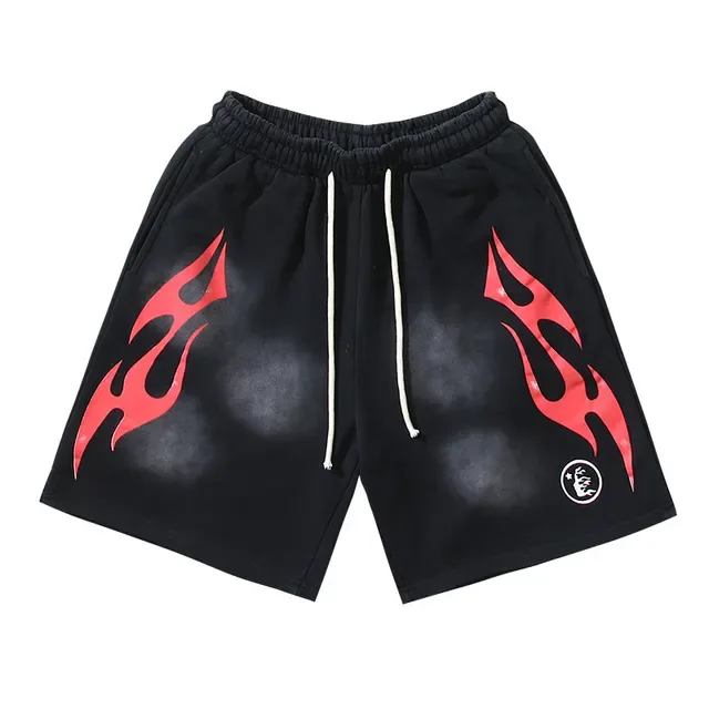 Flame Graphic Gradient Wash Drawstring Shorts 10