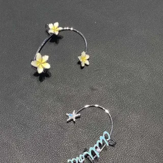 Floral and Script Enamel Ear Cuffs Silver Tone Earrings