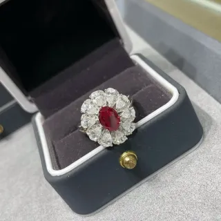 Floral Cluster Oval Ruby and Pear-Shaped Diamond Ring