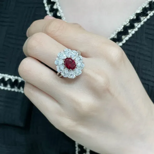 Floral Cluster Oval Ruby and Pear-Shaped Diamond Ring 9