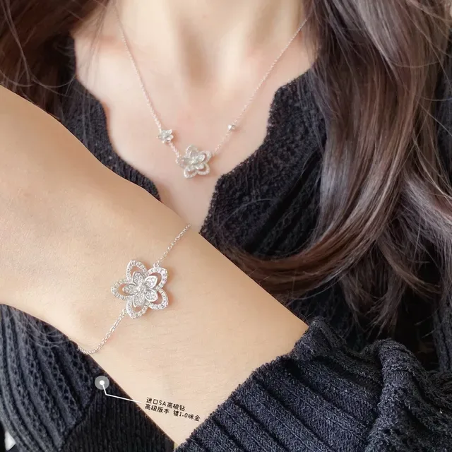 Floral Pave-Set Silver-Tone Chain Bracelet 9