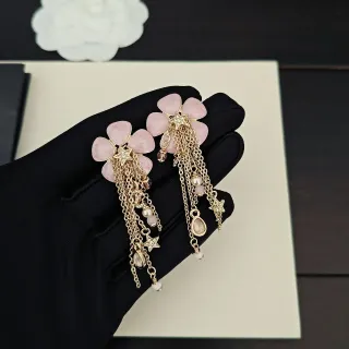 Floral Pink Stone Tassel Dangling Earrings