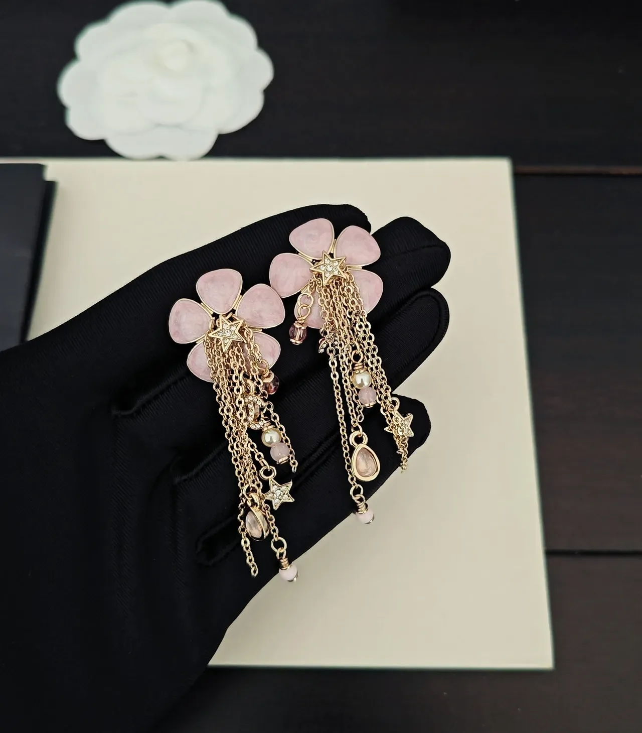 Floral Pink Stone Tassel Dangling Earrings 2