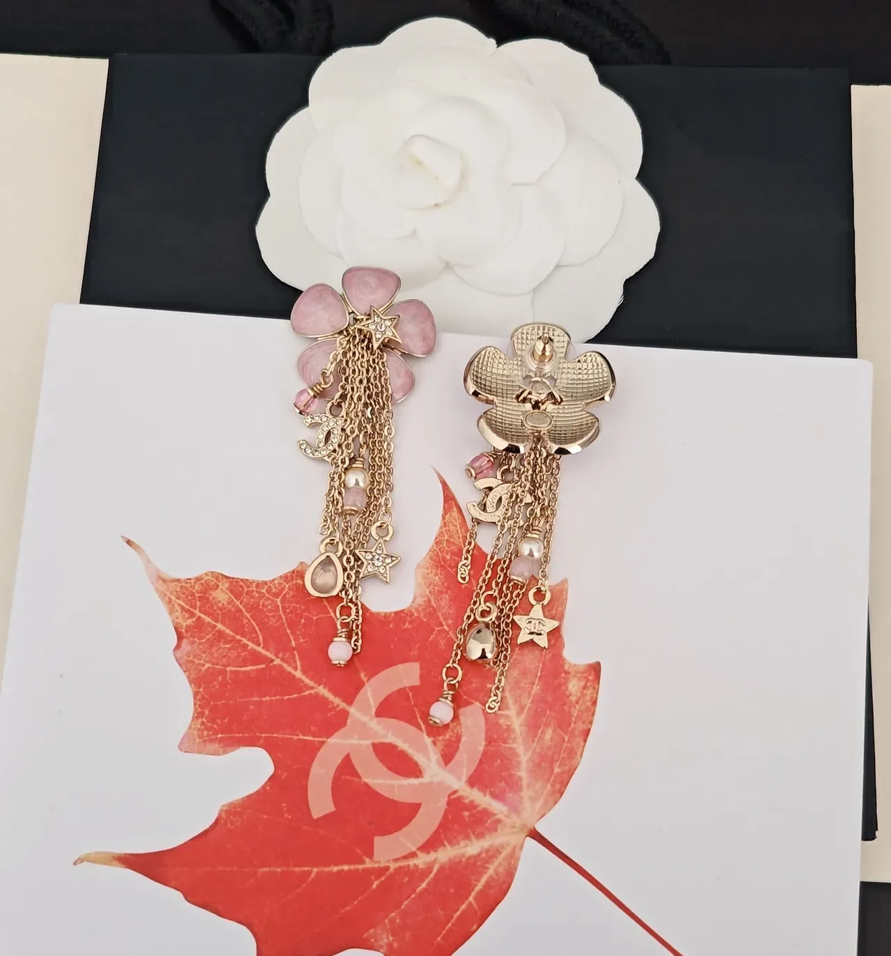 Floral Pink Stone Tassel Dangling Earrings 3