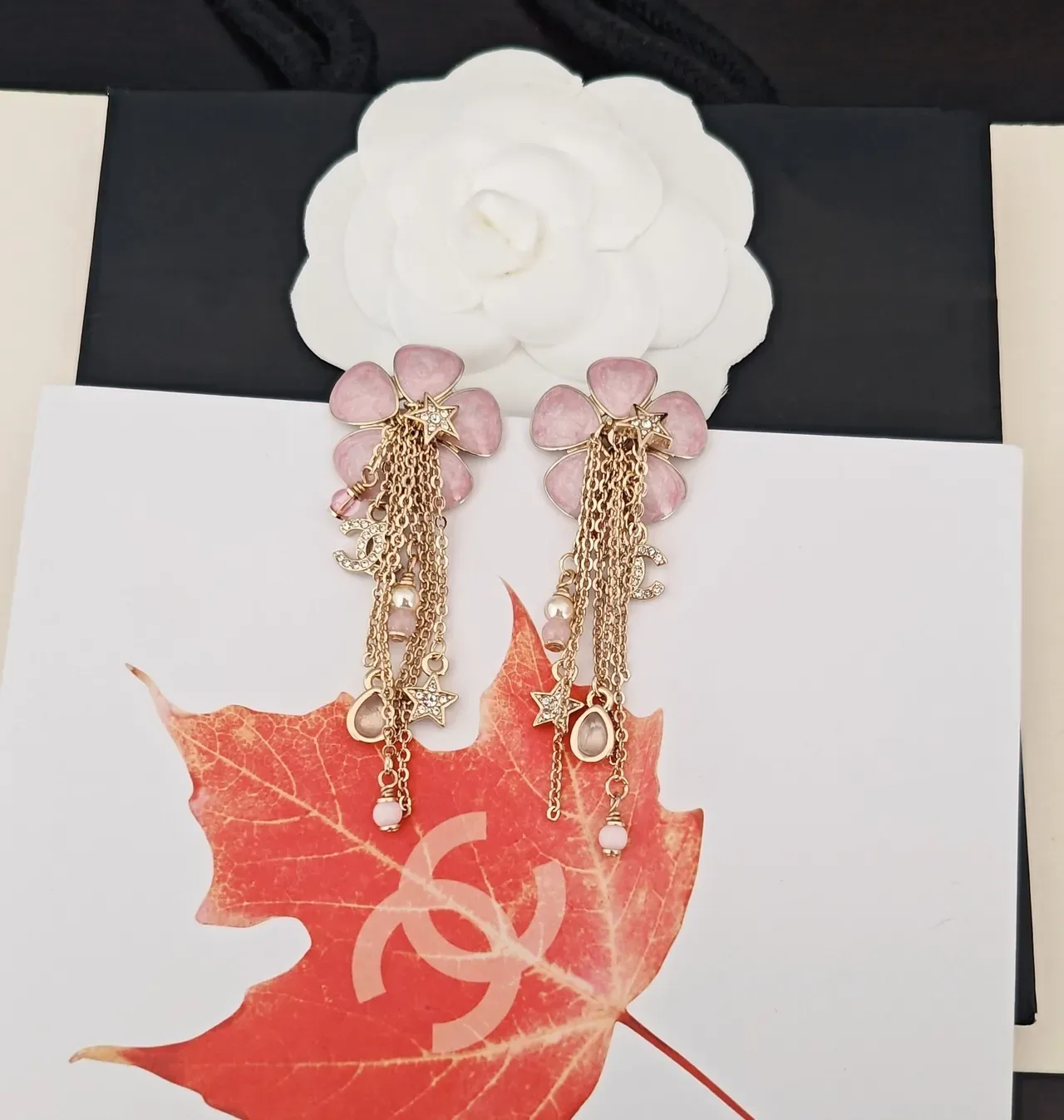 Floral Pink Stone Tassel Dangling Earrings 4