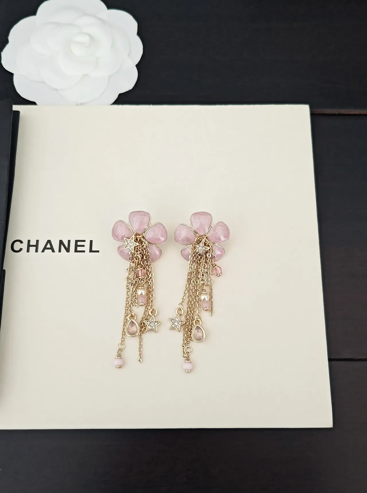 Floral Pink Stone Tassel Dangling Earrings 5