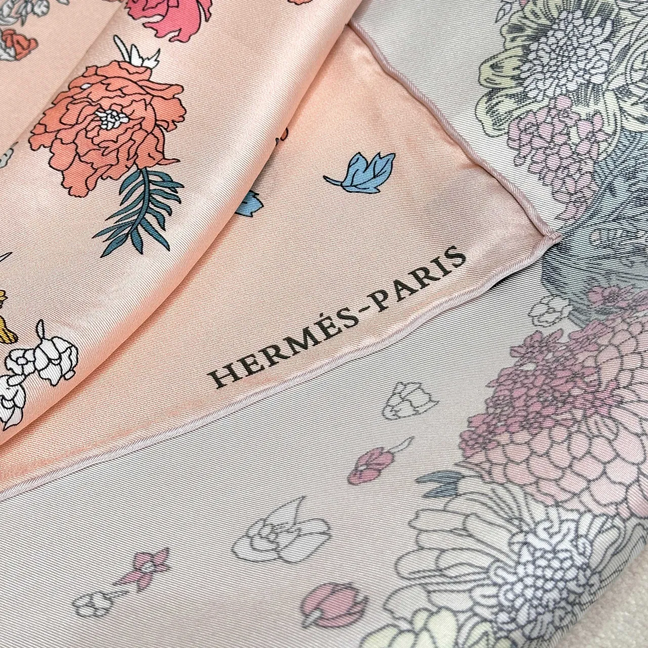 Floral Print Peach Silk Scarf 4
