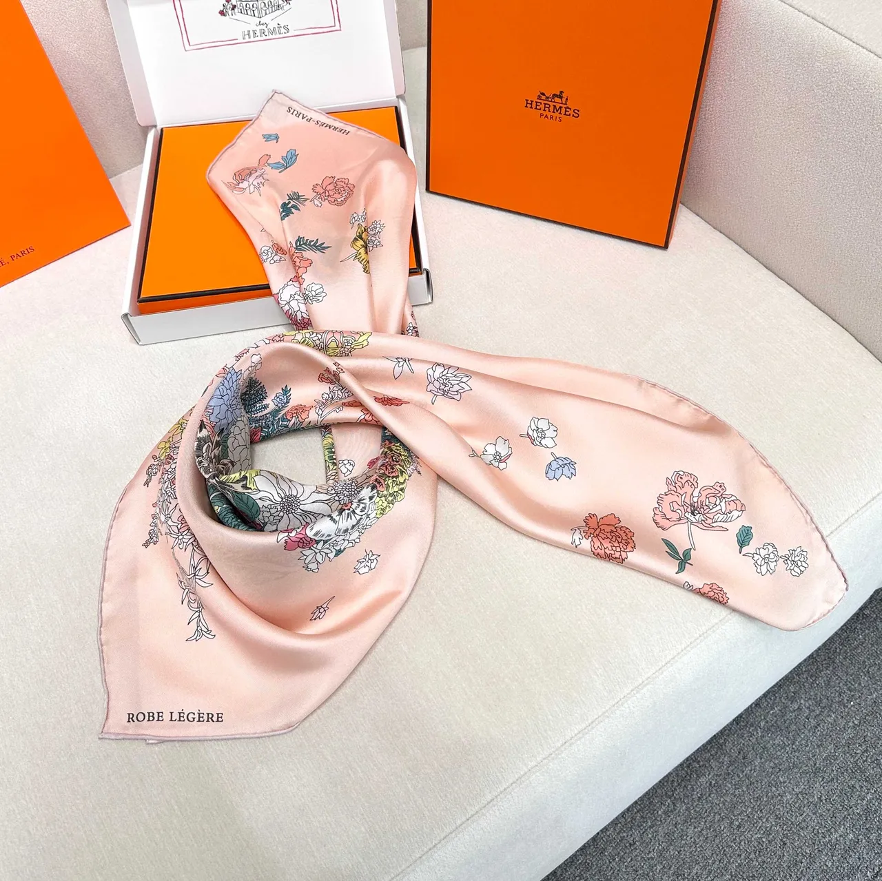 Floral Print Peach Silk Scarf 5