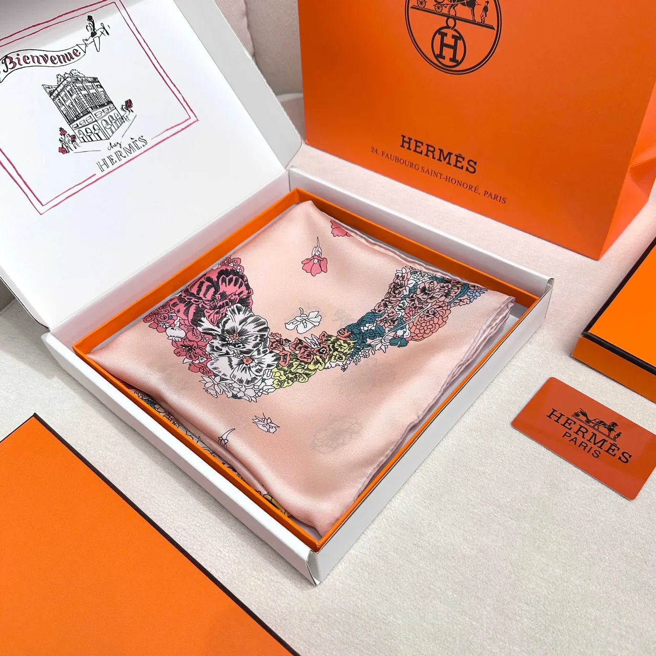 Floral Print Peach Silk Scarf 7