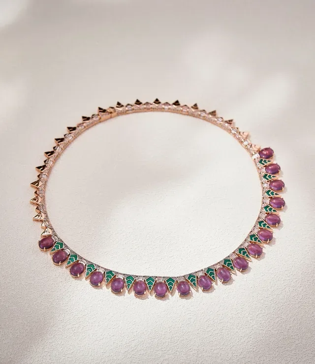 Geometric Enamel and Cabochon Purple Stone Necklace 5