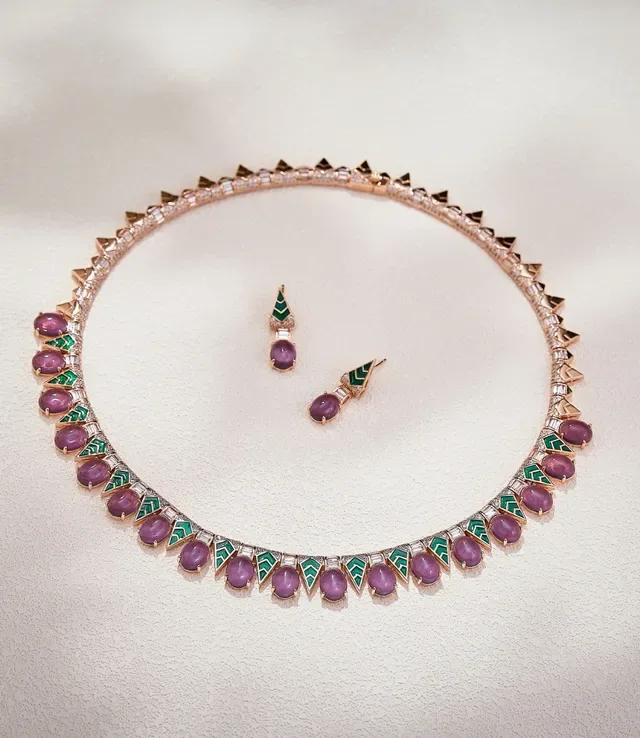 Geometric Enamel and Cabochon Purple Stone Necklace 6