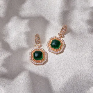 Geometric Multi-Halo Green Cabochon Earrings