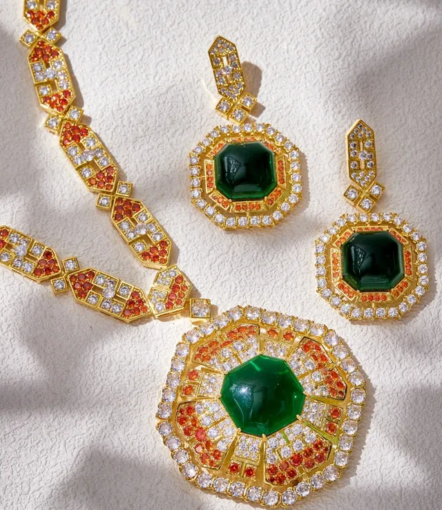 Geometric Multi-Halo Green Cabochon Earrings 2