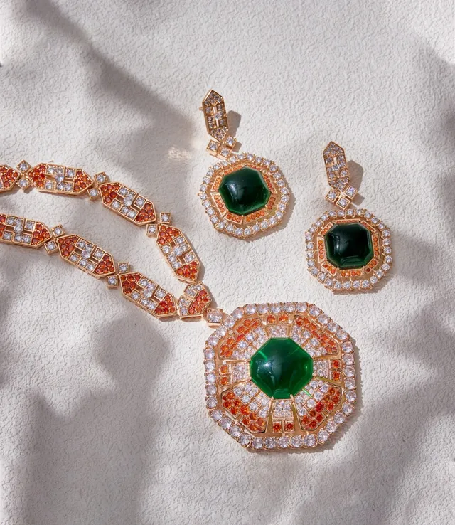 Geometric Multi-Halo Green Cabochon Earrings 3