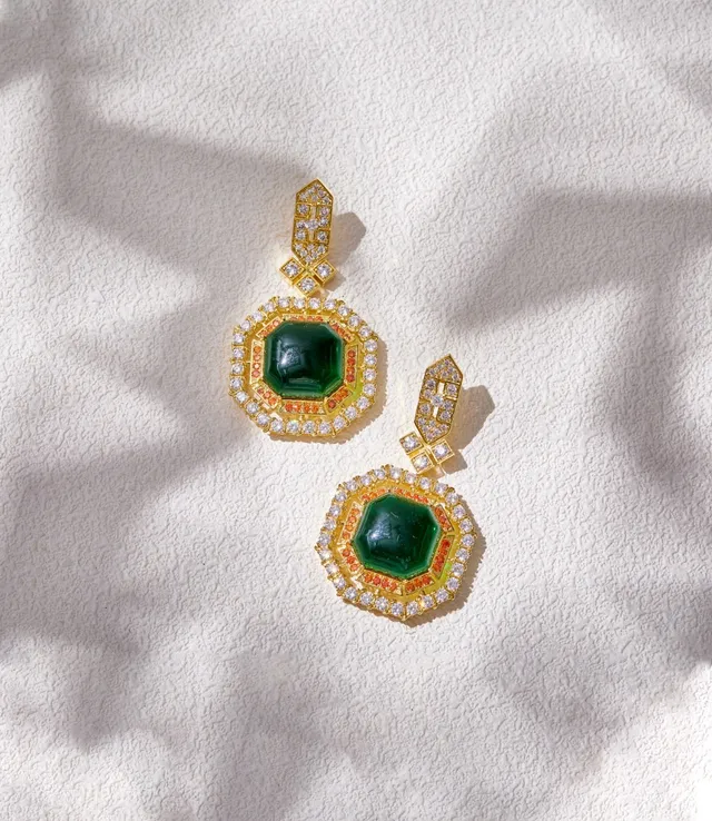 Geometric Multi-Halo Green Cabochon Earrings 4