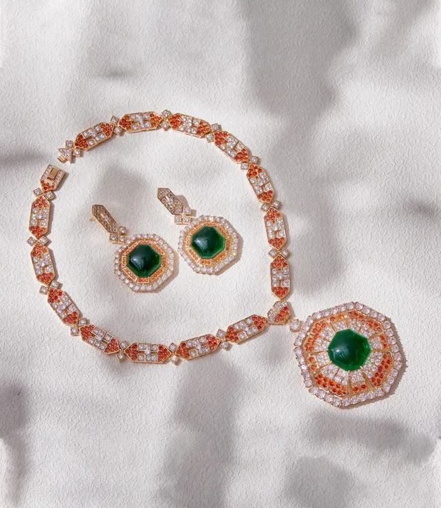Geometric Multi-Halo Green Cabochon Earrings 5
