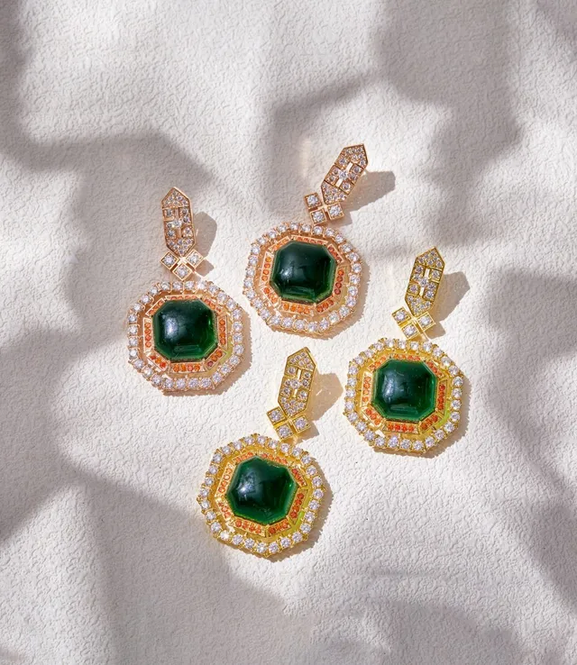 Geometric Multi-Halo Green Cabochon Earrings 6