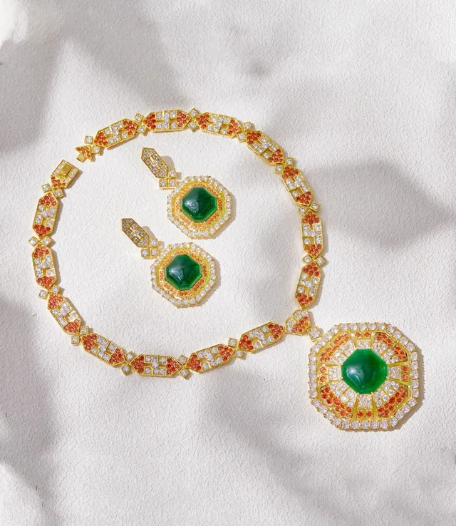 Geometric Multi-Halo Green Cabochon Earrings 7