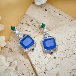 Geometric Octagonal Halo Blue and Emerald Diamond Earrings