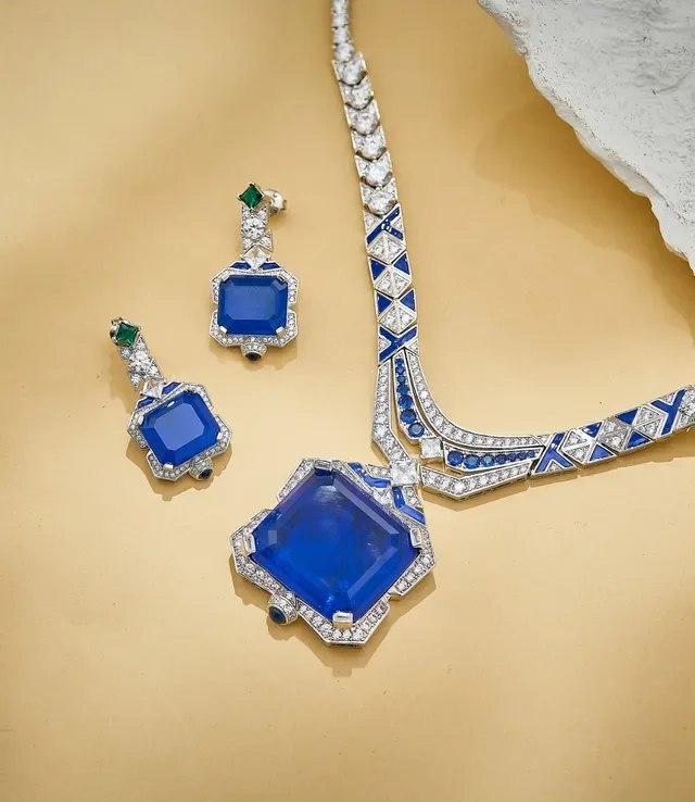 Geometric Octagonal Halo Blue and Emerald Diamond Earrings 2