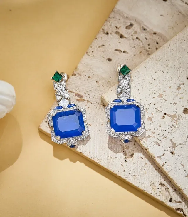 Geometric Octagonal Halo Blue and Emerald Diamond Earrings 4